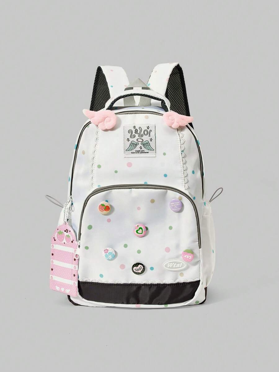 ROMWE Anime College Style Multi-Color Polka Dot Printed Lace Multi-Pocket Large-Capacity White Backpack With Wing Card Cover Badge Decoration, Suitable For School - multicolor polka dot - View 1