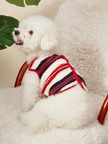 PETSIN 1pc Pet Cat Dog Universal Fashionable Red, Blue, And White Printed Double-Sided Elastic Plush Comfortable And Warm Open Button Dog Sleeveless Jacket Jacket - Multicolor - View 3