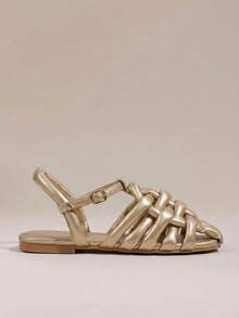 HighSole 女士金色方头镂空编织复古时尚休闲罗马平底凉鞋 - 金色 - 查看 2