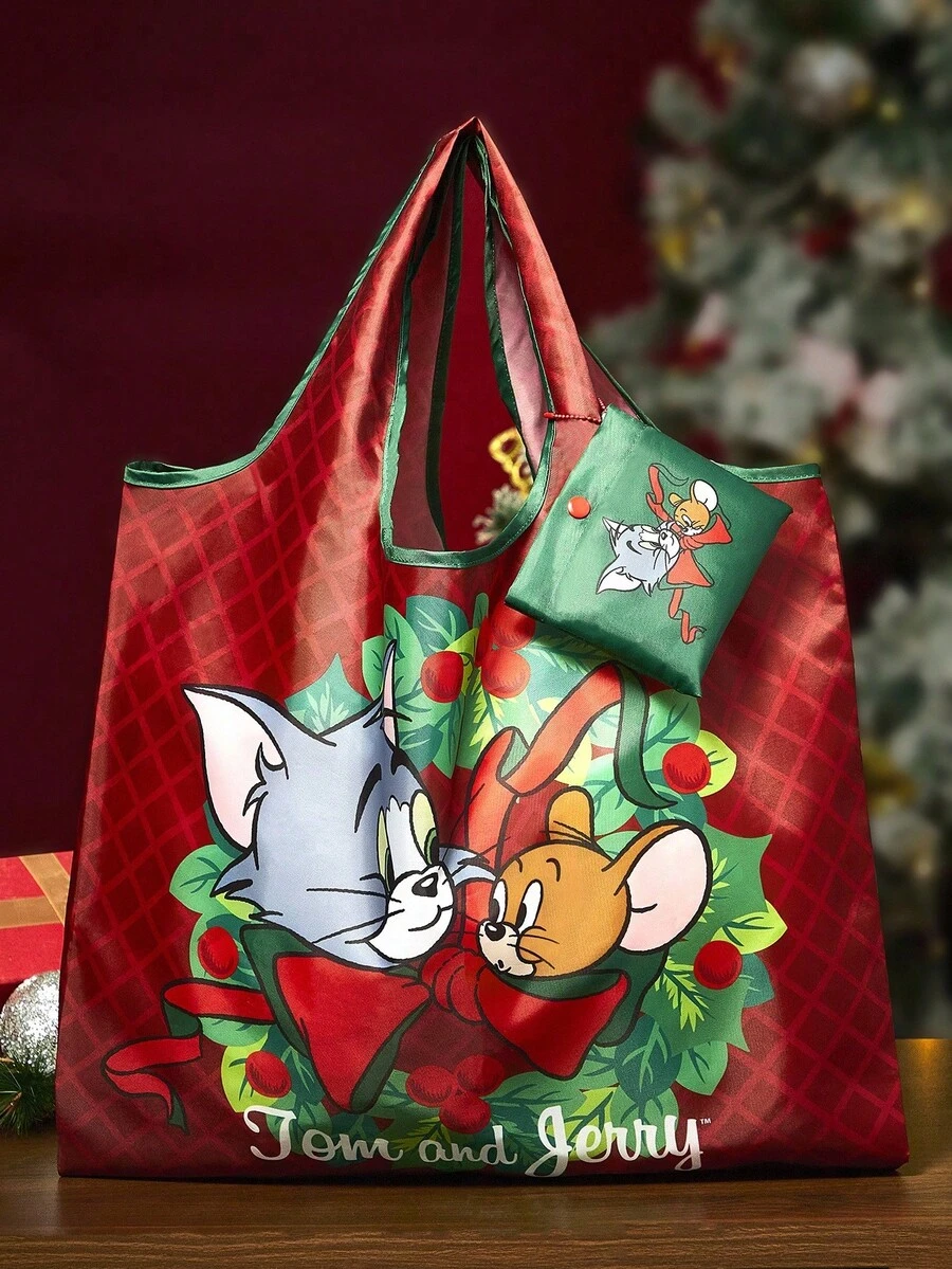 TOM & JERRY X SHEIN 1件可愛卡通圖案可折疊購物袋,附可拆卸鏈條小包托特包,貓咪老鼠聖誕圖案,最佳聖誕禮物 - 紅色+綠色 - 查看 1