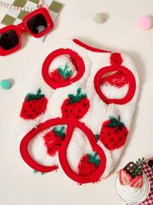 PETSIN 1pc Pet Cat Dog Universal Cute Red Strawberry Print Double-Sided Elastic Plush Comfortable And Warm Open Button Dog Sleeveless Jacket Jacket - Multicolor - View 4