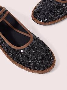 CUCCOO DOLLMOD Women's Casual Bohemian Solid Color Sequin Design Elastic Strap Mary Jane Flat Shoes For Commuting And Vacation Fall Shoes - Black - View 4