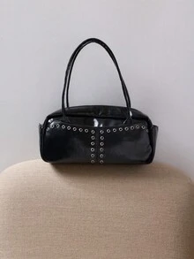Nöista Black Shoulder Bag With Silver Eyelet Detailing, Long Handles, And A Structured Rectangular Silhouette. - Black - View 1