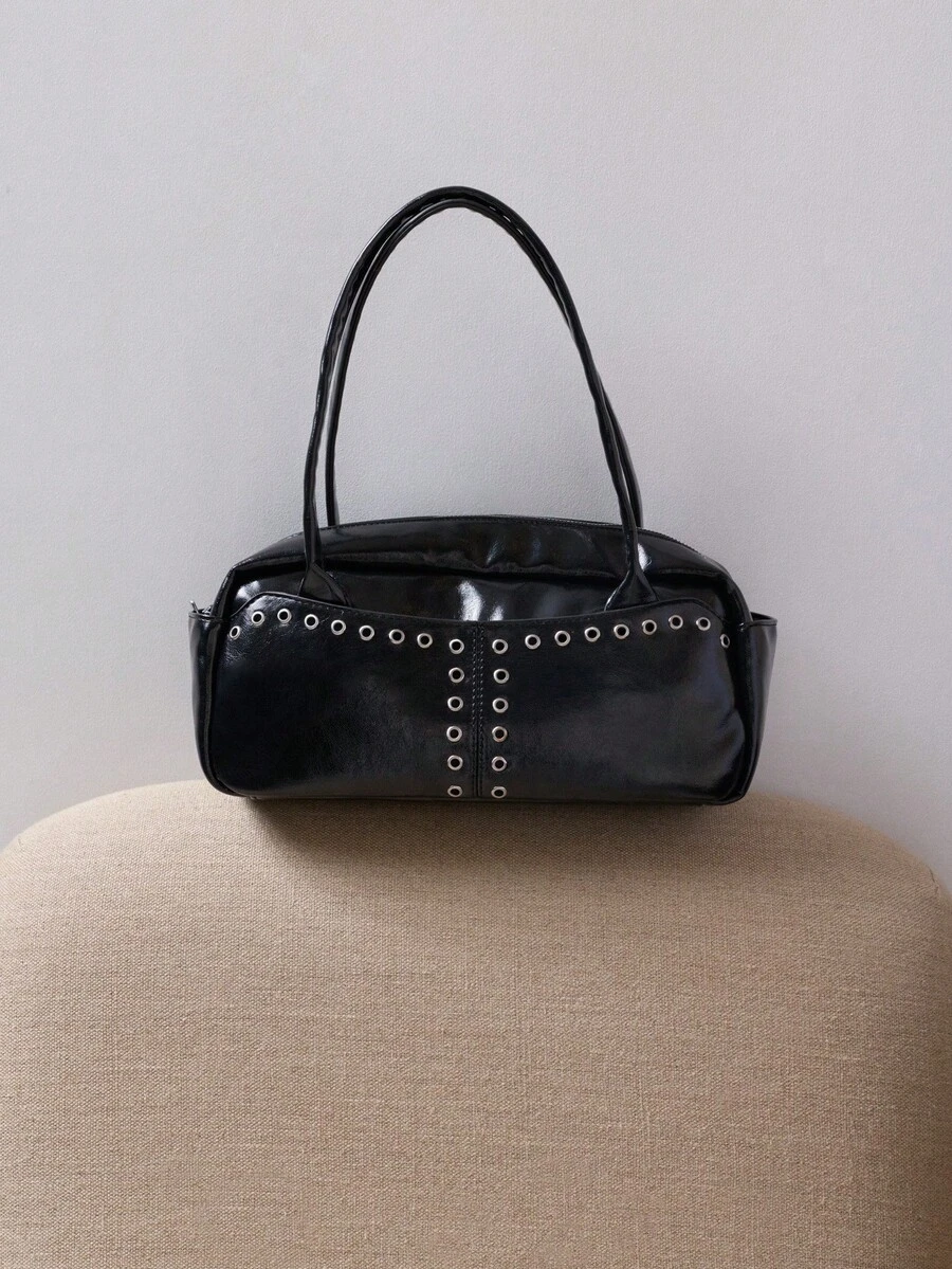 Nöista Black Shoulder Bag With Silver Eyelet Detailing, Long Handles, And A Structured Rectangular Silhouette. - Black - View 1