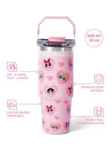 THE POWERPUFF GIRLS X SHEIN 30 Oz/900ml 不鏽鋼水杯、咖啡杯、運動水壺、保溫杯，附吸管與手提功能，冷熱皆可保溫 - 粉色 - 查看 2