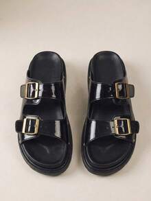 HighSole Women Casual Simple Comfortable Open Toe Flat Slippers - Black - View 1