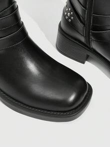 Daringsoles British Punk Belt Buckle Side Zip Mid Boots - Black - View 5