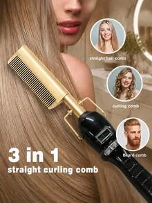 Teckwe US Plug Professional Ceramic Hot Comb Straightener And Curling Iron – Multifunctional Copper Hair Straightening Comb – Hot Comb Straightener – Multifunctional Styling Tool For Daily Home Use – Gold Ceramic Hot Comb For Women's Hair - Multicolor - View 3