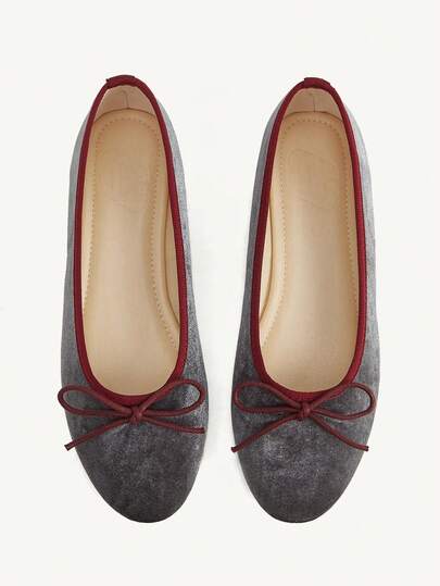 CUCCOO CHICEST French Retro Gray Velvet Round Toe Flat Shoes Women's Summer New Gentle Style Bow Low Vamp Shoes Fall Shoes