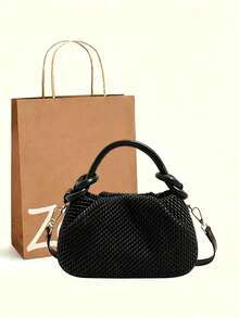 SIENNITY Braided Woven Pattern, Black, Daily Small Stuff Storage, Drawstring Closure, Minimal Style, Women Shopping Trip,Top Handle Crossbody Handbag - Black - View 1