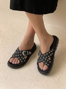 HighSole 女士黑色厚底舒适平底凉鞋，适合日常穿着 - 深黑色 - 查看 5