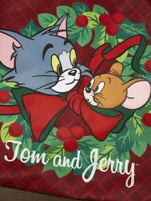 TOM & JERRY X SHEIN 1件可愛卡通圖案可折疊購物袋，附可拆卸鏈條小包托特包，貓咪老鼠聖誕圖案，最佳聖誕禮物 - 紅色+綠色 - 查看 4