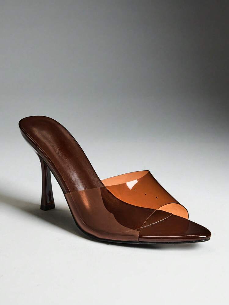 SHEIN SHUZIA Sandal Wanita Stiletto dengan Tali Jelly Transparan, Sandal Hak Tinggi Slip-On Ujung Terbuka, Sepatu Pesta & Malam Minimalis - Coffee Brown - View 5