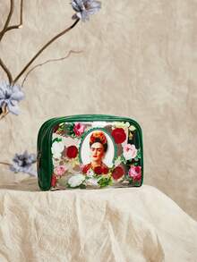 Frida Kahlo X SHEIN 半透明人物與花卉印花化妝包 - 綠色 - 查看 3