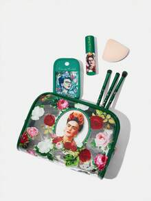 Frida Kahlo X SHEIN 半透明人物與花卉印花化妝包 - 綠色 - 查看 2