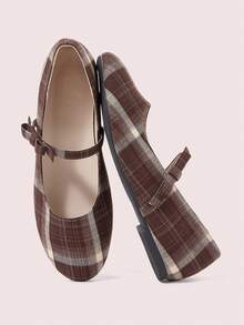 CUCCOO DOLLMOD French Retro Plaid Word With Round Toe Mary Jane Flats, Daily Commuting Versatile Low Vamp Bow Women's Shoes - Brown - View 1