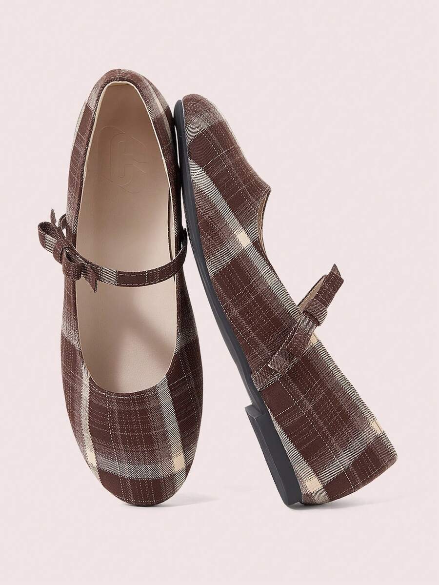 CUCCOO DOLLMOD French Retro Plaid Word With Round Toe Mary Jane Flats, Daily Commuting Versatile Low Vamp Bow Women's Shoes - Brown - View 1