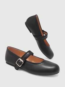 CUCCOO BIZCHIC Sepatu Wanita Model Mary Jane dengan Kancing Hitam dan Ujung Bulat - Pelat cahaya hitam - View 5