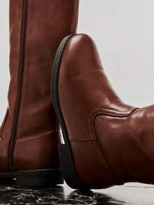 SHUZIA New Ladies' Riding Boot Sleek Chocolate Brown Color Knee-High Smooth Faux Leather Gold Tone Hardware Chic Rodeo Holiday Fun Comfort Shoe - Chocolate Brown - View 7