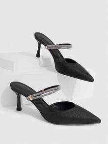CUCCOO SZL Pointed Toe Stiletto Black Gretel Rhinestone Strip Women's High Heel Shoes Kitten Heels Banquet Wedding Versatile Temperament Socialite Temperament High Heels Women's Shoes - Black - View 2
