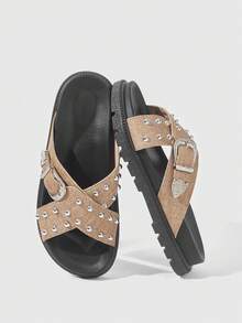 HighSole 女士黑色厚底舒适平底凉鞋，适合日常穿着 - 棕色 - 查看 9