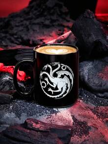 Game of Thrones X SHEIN 復古銀色圖案三頭龍黑色陶瓷杯 400ml 13.5 Fl Oz，個性化奇幻風馬克杯，成人書房辦公室禮品飲用器皿 - 黑色 - 查看 1
