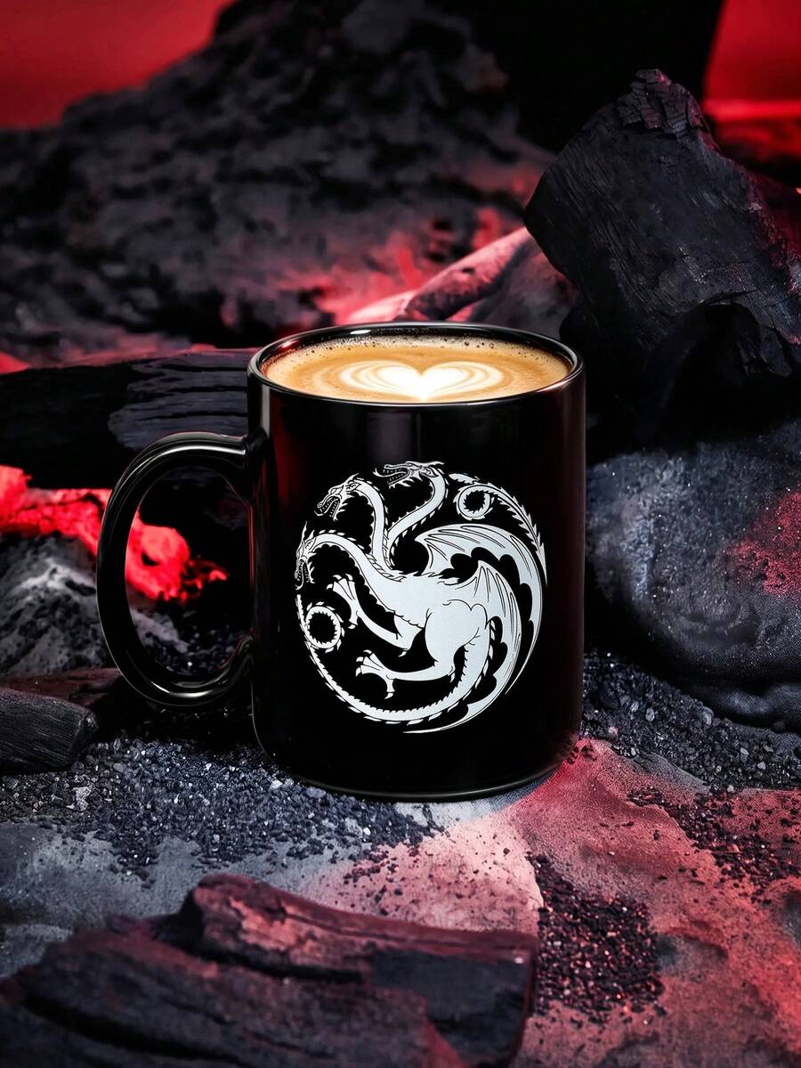 Game of Thrones X SHEIN 復古銀色圖案三頭龍黑色陶瓷杯 400ml 13.5 Fl Oz,個性化奇幻風馬克杯,成人書房辦公室禮品飲用器皿 - 黑色 - 查看 1
