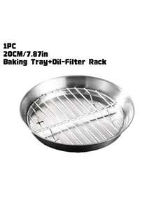 1pc Stainless Steel Round Baking Pan With Oil Drain Rack, Air Fryer Compatible Grease Strainer Tray For Grilling Roasting Food - multicolor - View 14