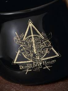 HARRY POTTER X SHEIN 400ml (13.5oz) 復古三角圖騰陶瓷馬克杯，金邊裝飾，大容量大釜造型，適合咖啡與茶，居家與辦公室日常飲用杯 - 黑色 - 查看 5