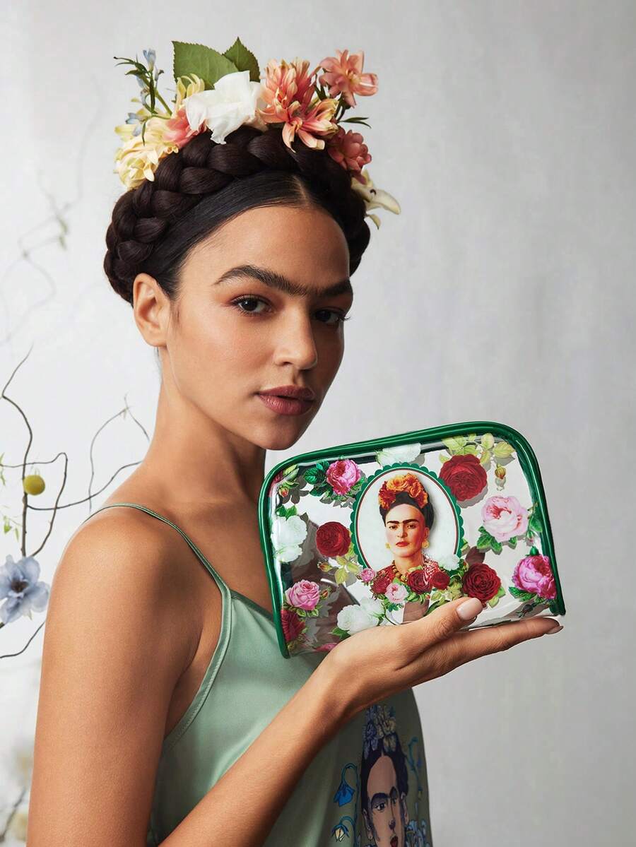 Frida Kahlo X SHEIN 半透明人物與花卉印花化妝包 - 綠色 - 查看 1