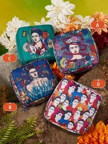 Frida Kahlo X SHEIN 1件裝藝術花卉與人物圖案收納袋，可用作女性衛生用品收納袋、數位用品收納袋 - 湖水藍-寶藍 - 查看 1