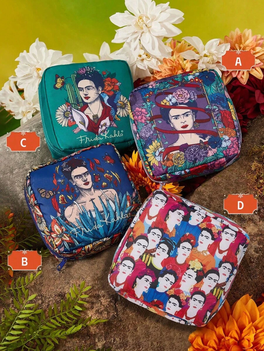 Frida Kahlo X SHEIN 1件裝藝術花卉與人物圖案收納袋,可用作女性衛生用品收納袋、數位用品收納袋 - 湖水藍-寶藍 - 查看 1