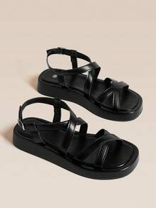 HighSole Sandal Wanita Retro Sederhana dengan Desain Silang Multi-Band dan Gesper Logam di Bagian Belakang, Cocok untuk Belanja. - Hitam - View 1