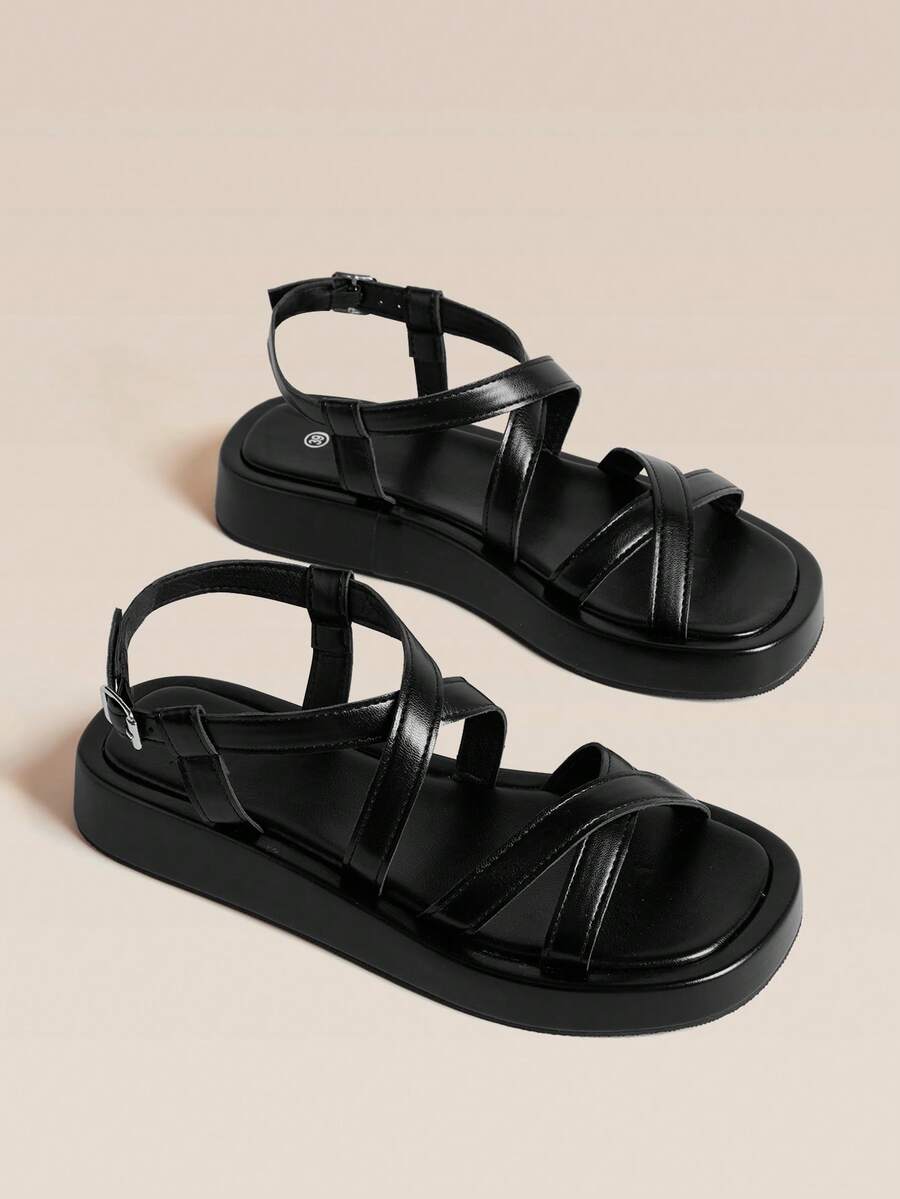HighSole Sandal Wanita Retro Sederhana dengan Desain Silang Multi-Band dan Gesper Logam di Bagian Belakang, Cocok untuk Belanja. - Hitam - View 1