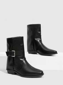 Daringsoles Women's Small Square Toe Black Ankle Boots Fashionable And Elegant Thick Heel Styling Circumference Bottom Reverse Set Buckle Versatile And Thin Outdoor - Black - View 2