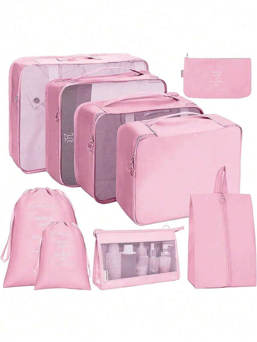 Found Favorite 9-Piece Portable Travel Luggage Storage And Organizing Bag, Essential For University Dormitories, Travel Backpack Luggage Storage Bag, Travel - Pink - View 1