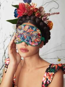 Frida Kahlo X SHEIN Letter & Plant Floral Pattern Printed Eye Mask,Gifts - Green - View 1