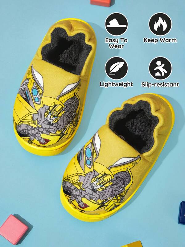 Transformers X SHEIN Cute Cartoon  Yellow Boys Children's Non-Slip Indoor Slippers Toddlers & Kids Soft Plush Warm Winter House Shoes, Lightweight And Durable EVA Sole