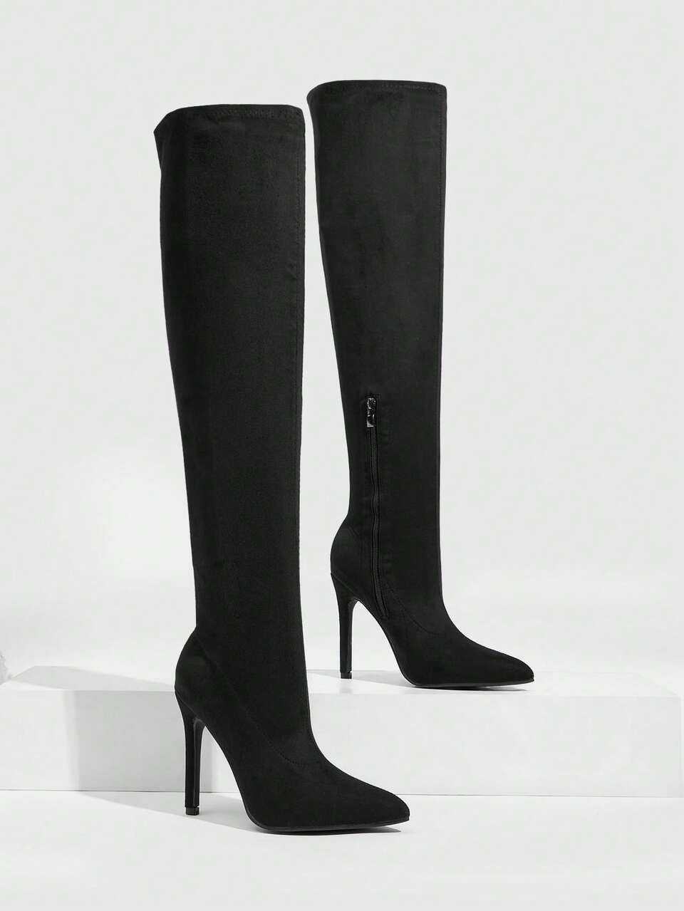 CUCCOO SZL Women's Pointed Black Suede Side Zipper Skinny Stretch Over Knee Boots Thin Heel High Heel Party Commuter Women's Autumn/Winter Boots