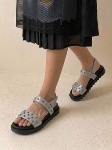 HighSole Casual Fashion Versatile Simple Comfy Open Toe Flat Sandals For Women - Dark Grey - View 4