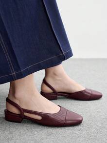 CUCCOO BIZCHIC Sepatu Wanita Warna Burgundy dengan Tali Belakang Rajut Kontras, Sol Tunggal, Hak Persegi, Sol Datar, Gaya Vintage untuk Perjalanan Sehari-hari - Burgundy - View 5