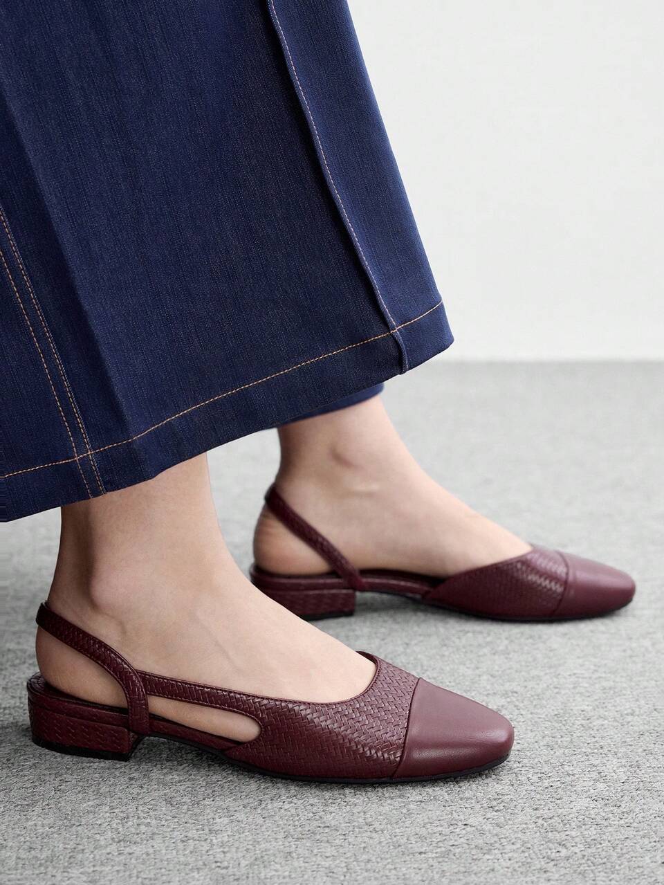 CUCCOO BIZCHIC Ladies Burgundy Contrast Knitted Back Trip Strap Light Mouth Single Sole Square Heel Flat Sole Vintage Daily Commuter