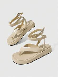 HighSole 女款春夏新款可調節綁帶設計夾腳露趾杏色厚底涼鞋，柔軟舒適，適合通勤與購物 - 杏色 - 查看 8
