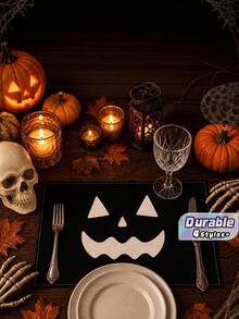 1Pc Halloween Placemats, Scary Grinning Face Jack-O'-Lantern Printed Decorative Table Mats, Non-Slip Linen Dining Pads For Halloween Night Party Table Decor - B - View 1