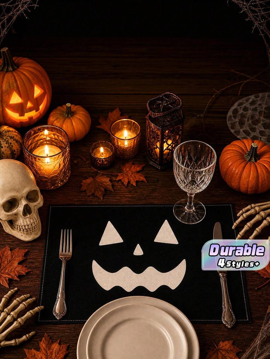 1Pc Halloween Placemats, Scary Grinning Face Jack-O'-Lantern Printed Decorative Table Mats, Non-Slip Linen Dining Pads For Halloween Night Party Table Decor - B - View 1