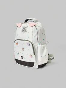 ROMWE Anime College Style Multi-Color Polka Dot Printed Lace Multi-Pocket Large-Capacity White Backpack With Wing Card Cover Badge Decoration, Suitable For School - multicolor polka dot - View 2