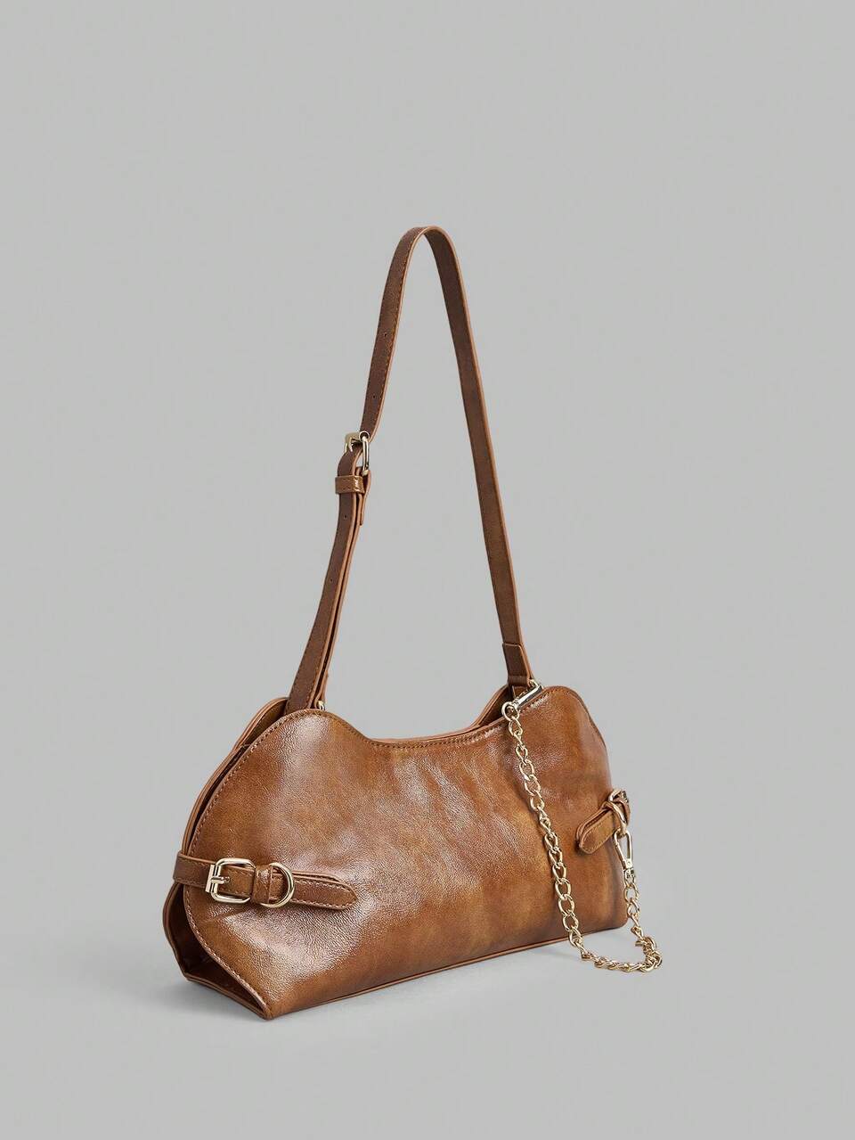 Women's Retro Brown Shoulder Bag, Fashion Avant-Garde Chain Strap Baguette Bag For Daily Use, Commuting, Shopping, Music Festivals
