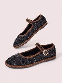 CUCCOO DOLLMOD Women's Casual Bohemian Solid Color Sequin Design Elastic Strap Mary Jane Flat Shoes For Commuting And Vacation Fall Shoes - Black - View 6