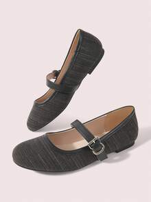CUCCOO DOLLMOD French Linen Patchwork Mary Jane Shoes Round Toe Single Strap Daily Versatile Commute Flat Shoes For Women Fall Shoes - Black - View 3
