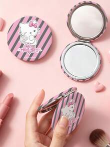 HELLO KITTY AND FRIENDS | SHEIN 1PC Hello Kitty Round Compact Mirror, Pink Grey Striped Angel Kitty Foldable Pocket Makeup Mirror, Double-Sided Mirror With Magnification, Portable Mini Hand Mirror For Purse, Travel Makeup Touch-Ups, Cute Gift For Fans - Multicolor - View 2